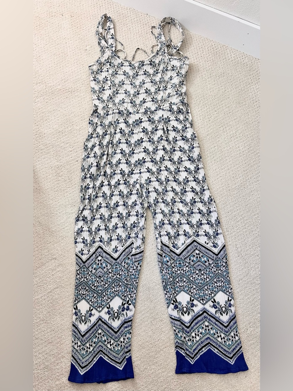 Aqua Floral Jumpsuit Crinkle Rayon Blue White Boho Summer Lightweight